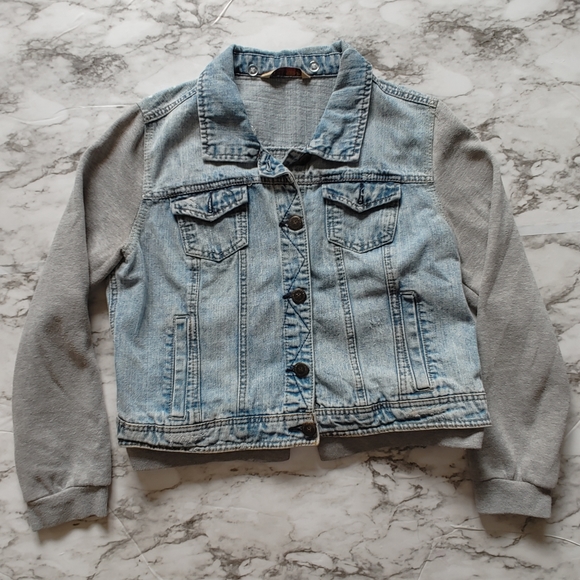 Jackets & Blazers - Cropped light blue jean jacket sweatshirt sleeves